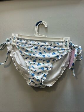 Womens Floral Tie-Side Bikini Bottoms only- White & Blue large
